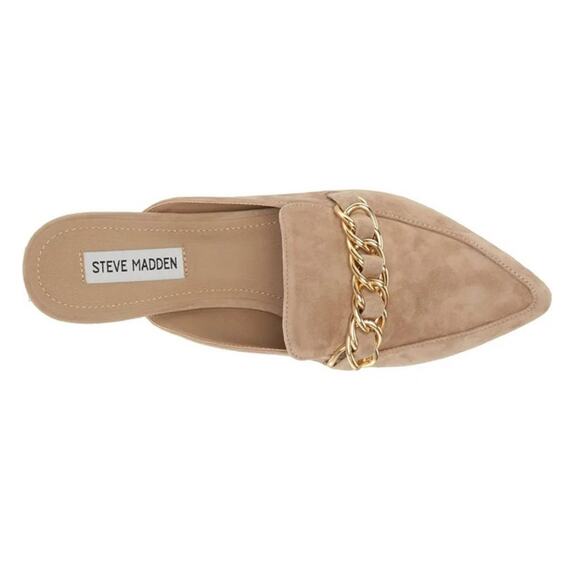 Steve Madden Faine Tan Suede Leather Pointed Chain Detail Slip On Flat Mule, 8 - Picture 2 of 7